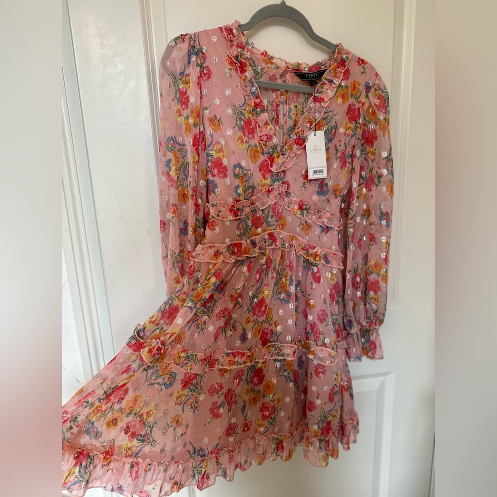 Pink printed metallic mini dress